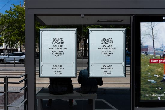 Bus stop advertisement mockups showcasing design templates with text details in an urban setting, ideal for designers to display outdoor graphics.
